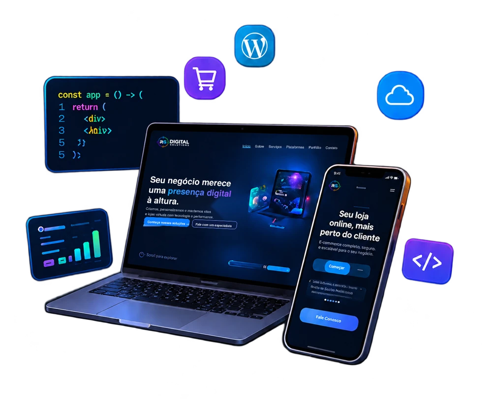 Notebook e celular exibindo um site, cercados por ícones de WordPress, loja virtual, nuvem e código