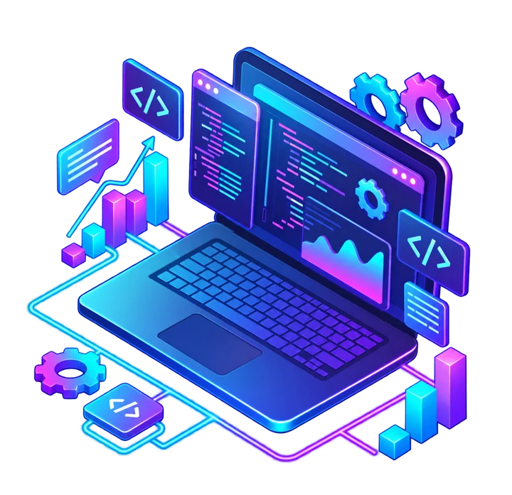 Notebook em estilo isométrico com código, engrenagens e gráficos em neon
